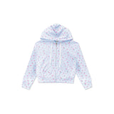 A light blue zip-up hoodie with a pink and white floral pattern, featuring white drawstrings and a front zipper, shown against a plain white background.