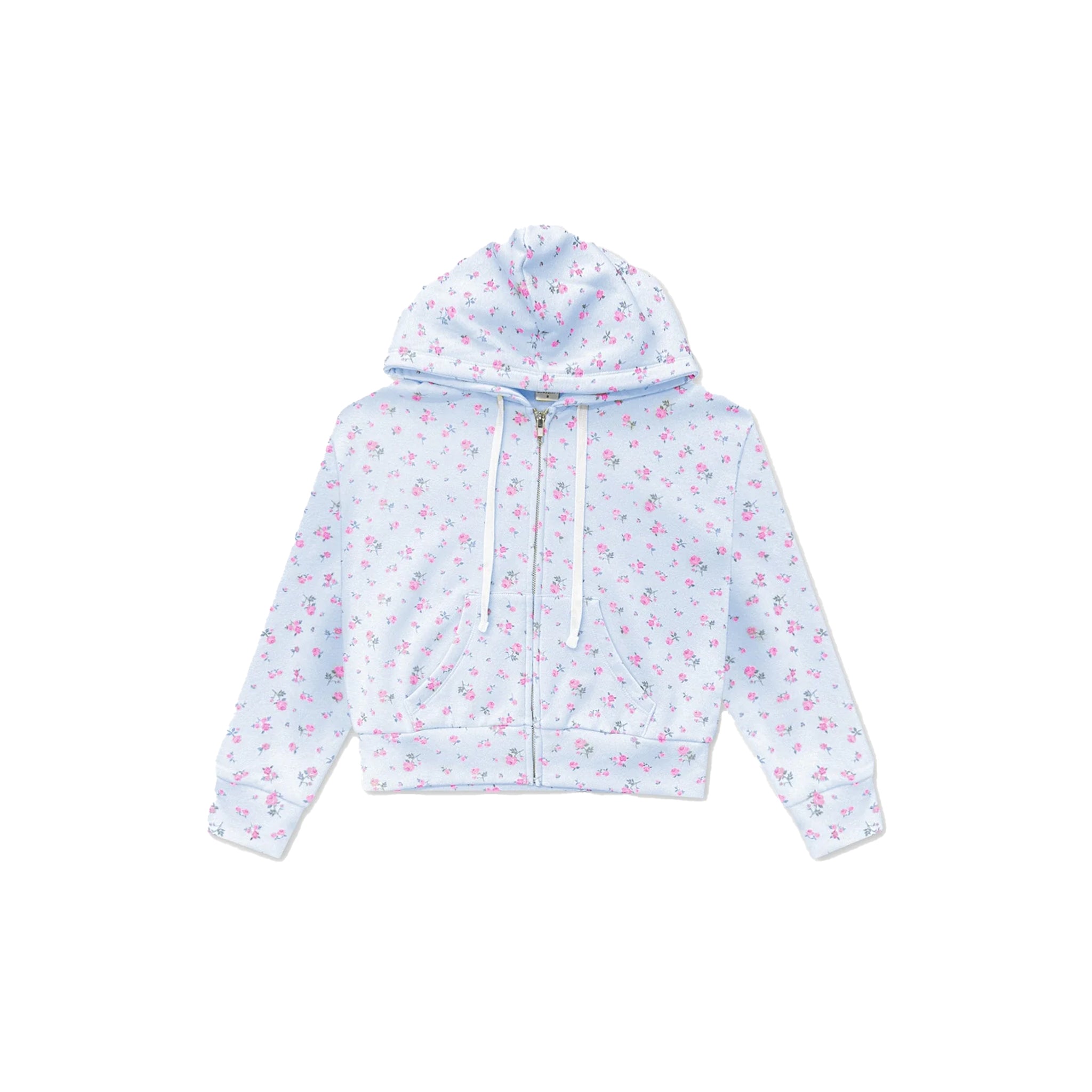 A light blue zip-up hoodie with a pink and white floral pattern, featuring white drawstrings and a front zipper, shown against a plain white background.