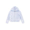 A light blue zip-up hoodie with a pink and white floral pattern, featuring white drawstrings and a front zipper, shown against a plain white background.