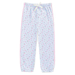 Light blue children's jogger pants with a pink and green floral print, featuring a white drawstring waist and pink side stripes.