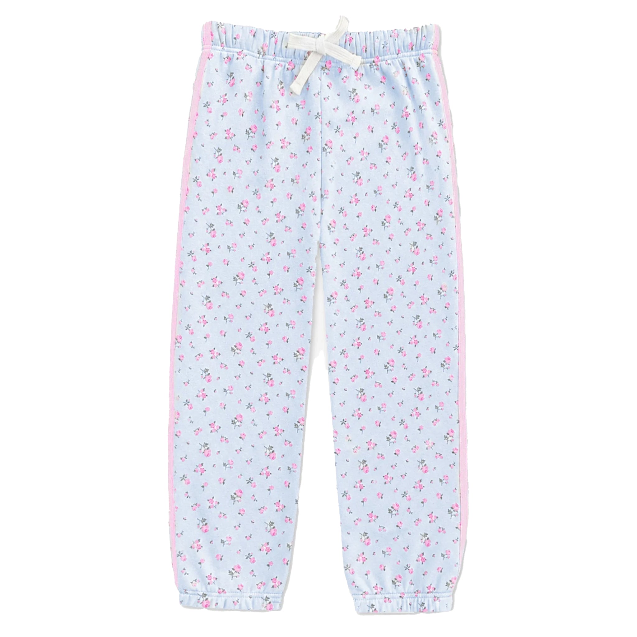 Light blue children's jogger pants with a pink and green floral print, featuring a white drawstring waist and pink side stripes.