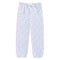 Light blue children's jogger pants with a pink and green floral print, featuring a white drawstring waist and pink side stripes.