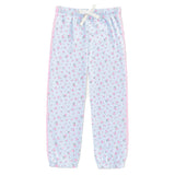Light blue children's jogger pants with a pink and green floral print, featuring a white drawstring waist and pink side stripes.