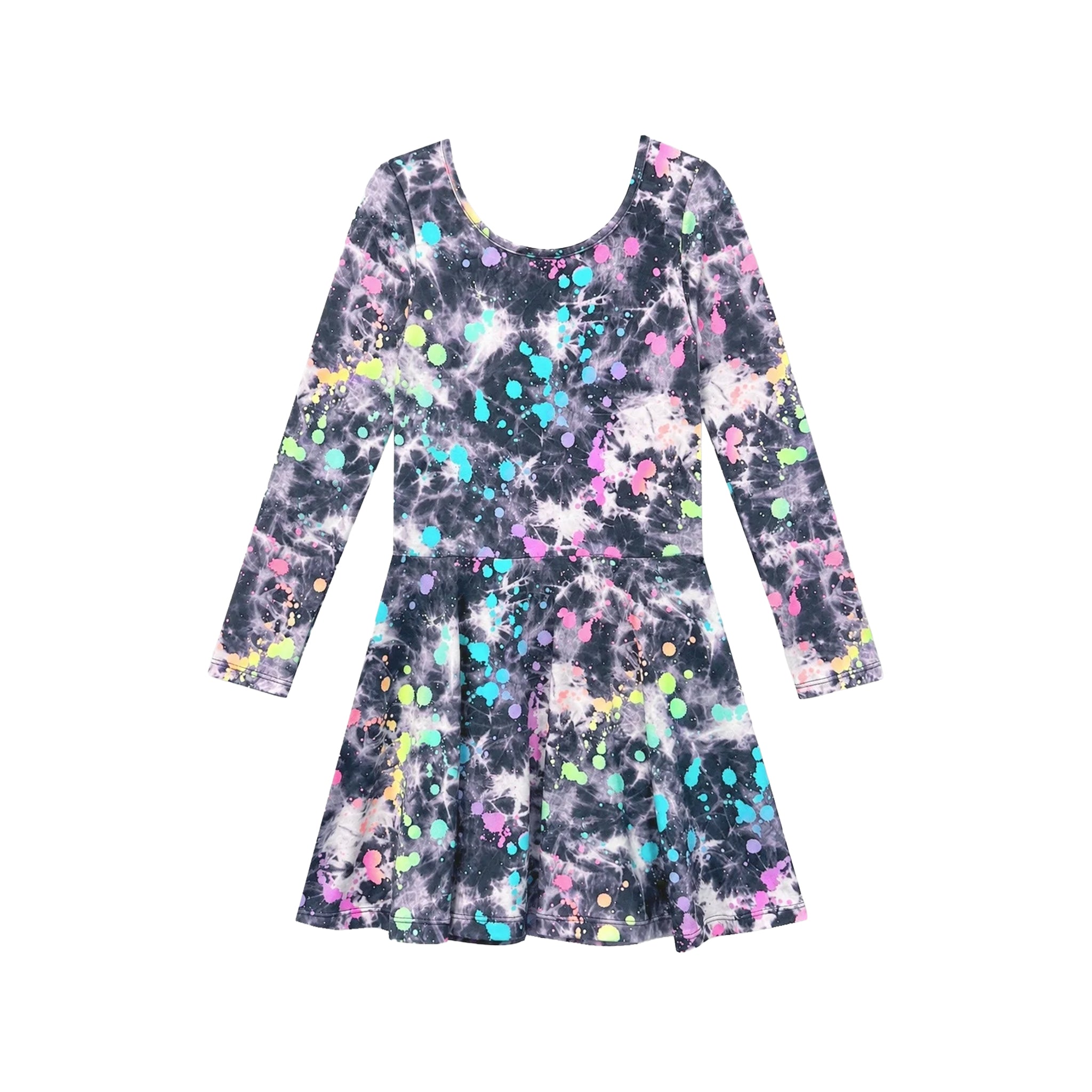 A long-sleeve skater dress with a colorful paint splatter pattern on a dark gray and white background, shown against a plain white background.