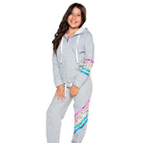 A young girl wearing a light gray zip-up hoodie and matching sweatpants with colorful sequined stripes on the sleeves and legs, posed against a solid white background.