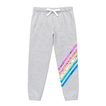 Light heather gray jogger pants with a white drawstring and a diagonal multicolor stripe pattern on the lower right leg, shown against a plain white background.