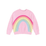 A pink knit sweater with a colorful rainbow pattern across the chest, displayed on a clean white background.