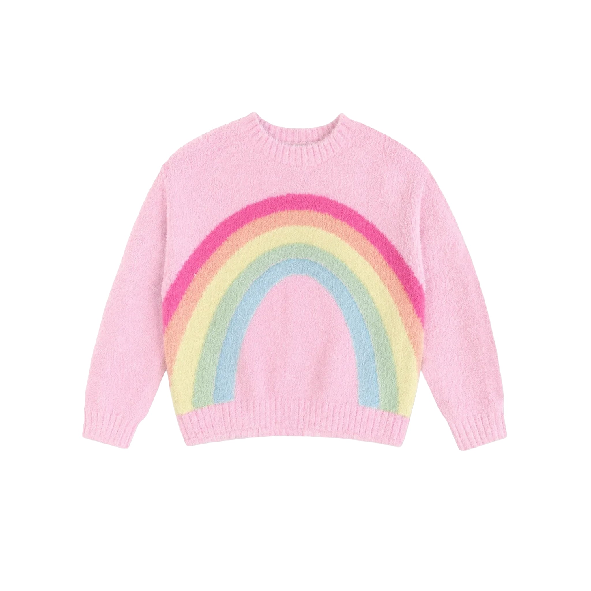 A pink knit sweater with a colorful rainbow pattern across the chest, displayed on a clean white background.