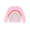 A pink knit sweater with a colorful rainbow pattern across the chest, displayed on a clean white background.
