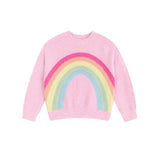 A pink knit sweater with a colorful rainbow pattern across the chest, displayed on a clean white background.