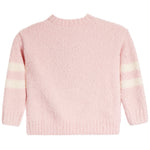 A light pink fuzzy knit sweater with cream-colored horizontal stripes on both sleeves, shown from the back against a plain white background.