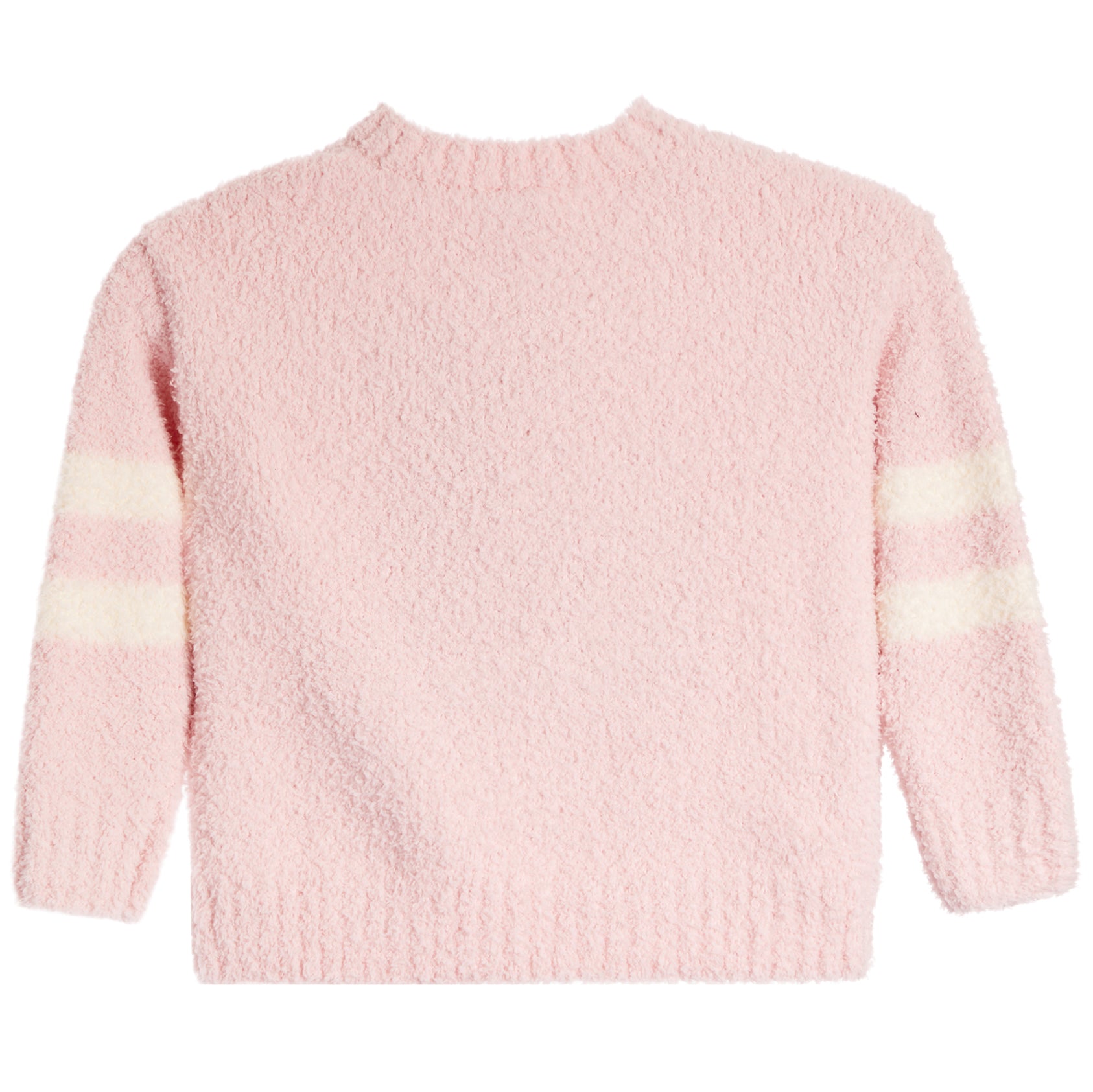 A light pink fuzzy knit sweater with cream-colored horizontal stripes on both sleeves, shown from the back against a plain white background.