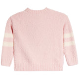 A light pink fuzzy knit sweater with cream-colored horizontal stripes on both sleeves, shown from the back against a plain white background.