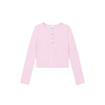 a light pink long-sleeve henley shirt with three buttons set against a plain white background.