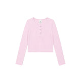 a light pink long-sleeve henley shirt with three buttons set against a plain white background.