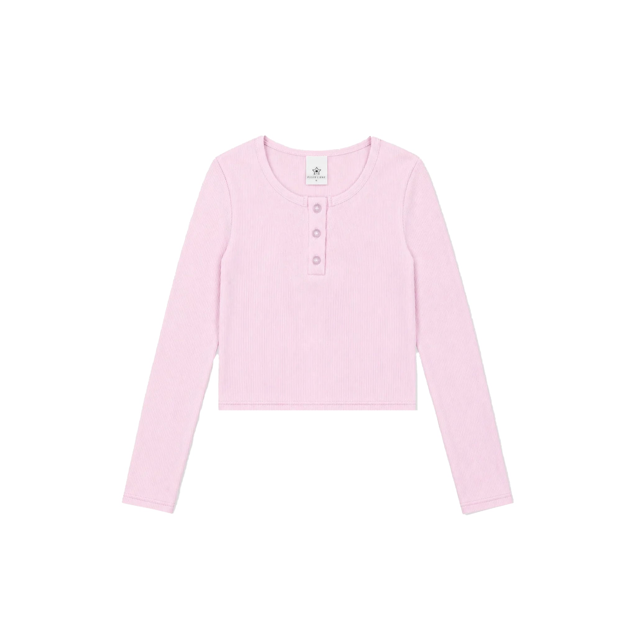 a light pink long-sleeve henley shirt with three buttons set against a plain white background.