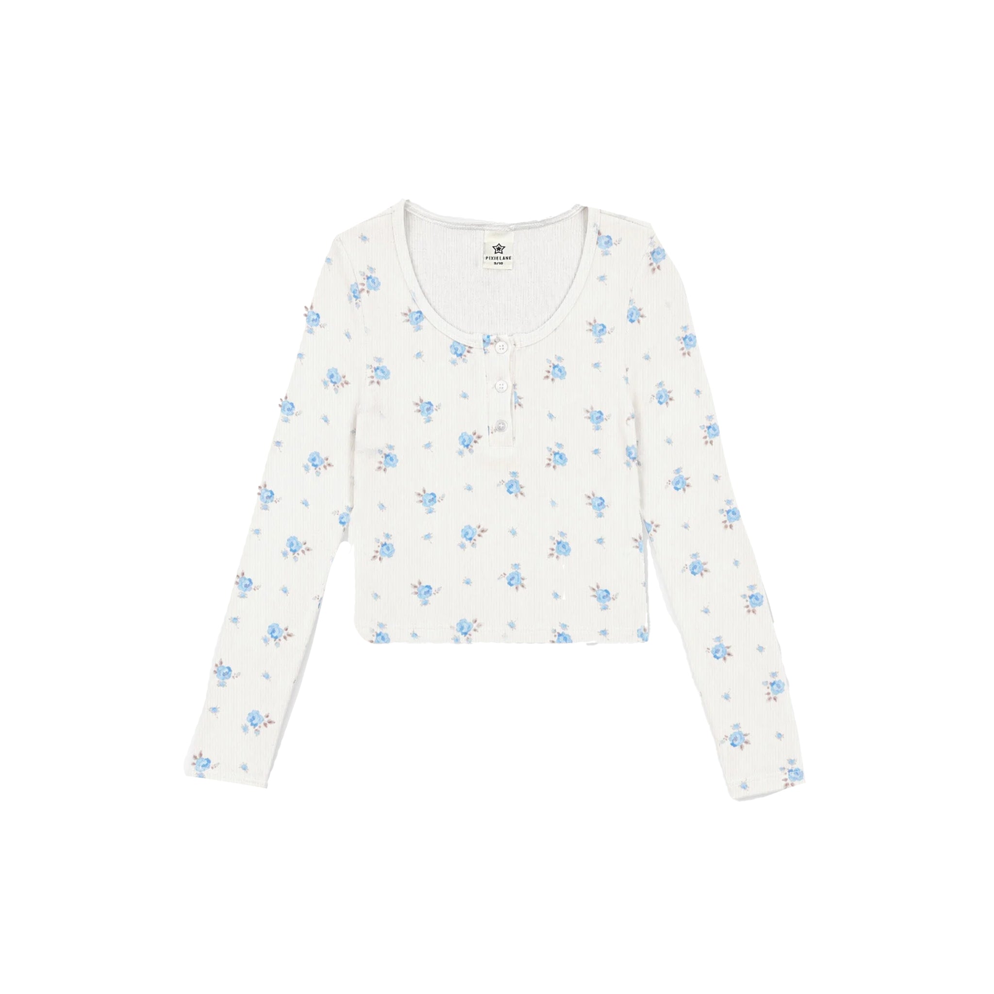 An off-white long-sleeve cropped henley top with a delicate blue and light blue floral print, displayed flat against a solid white background.
