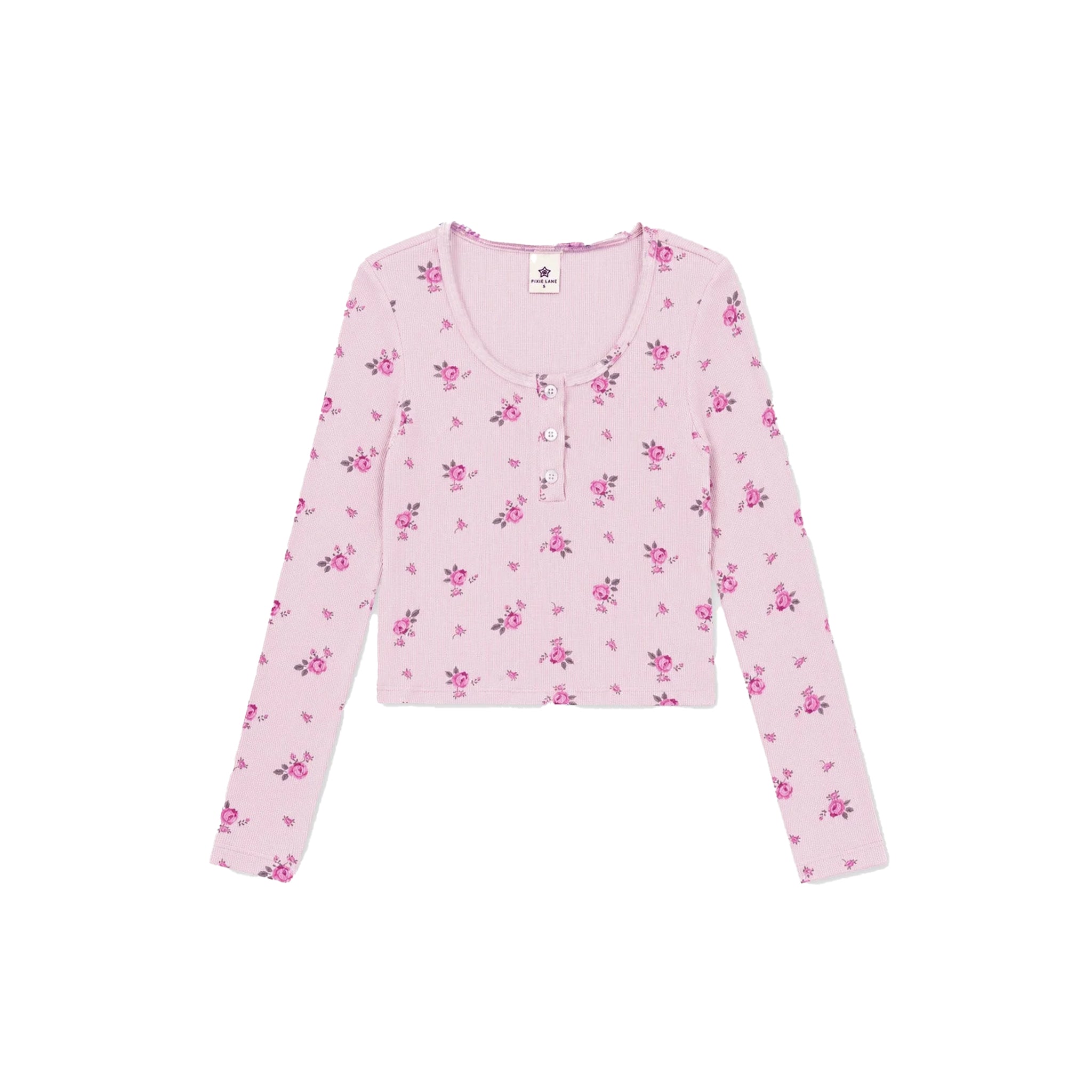 A light pink long-sleeve cropped henley top with a small pink and purple floral pattern, displayed flat against a solid white background.