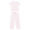 A two-piece girls' pajama set featuring a short-sleeve button-front top and matching pants, both in a white fabric with a small purple floral print and pink piping details.