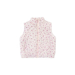 A sleeveless quilted vest with a small pink and purple floral print on a white background, featuring a front zipper and stand collar.