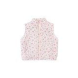 A sleeveless quilted vest with a small pink and purple floral print on a white background, featuring a front zipper and stand collar.