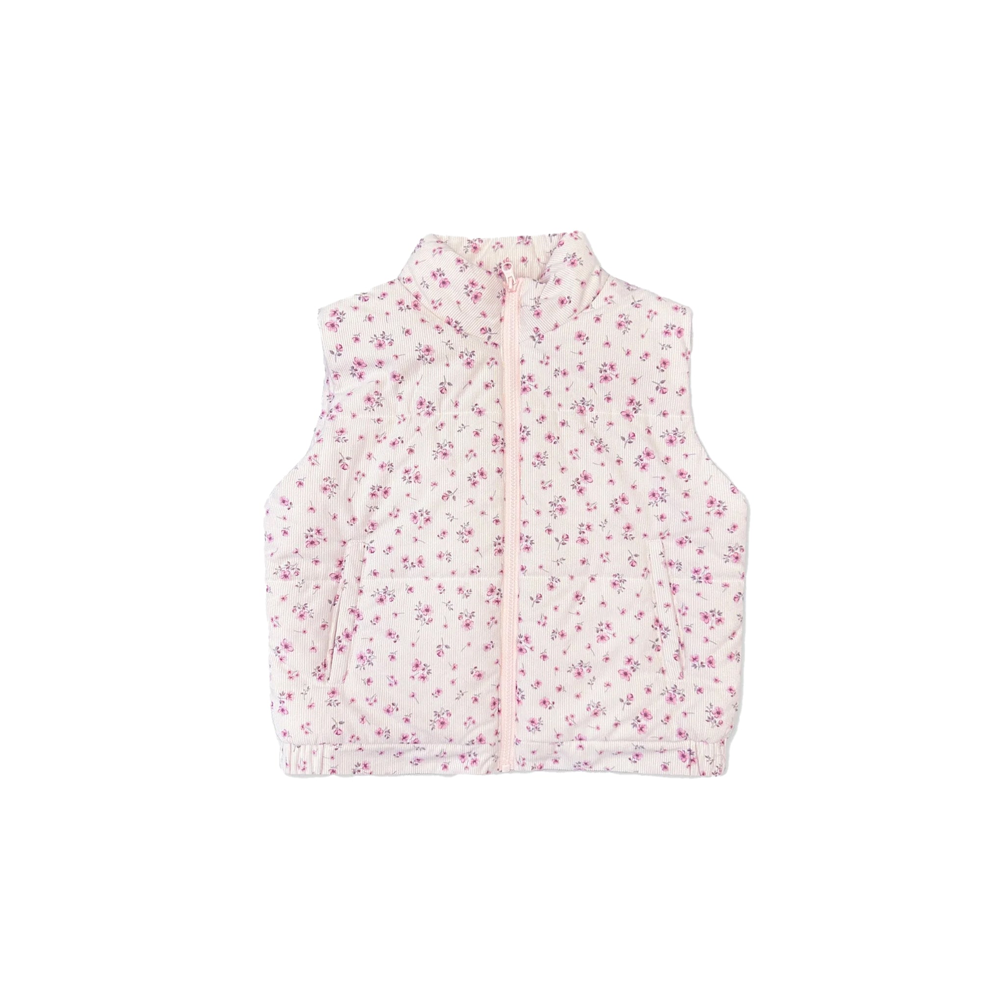 A sleeveless quilted vest with a small pink and purple floral print on a white background, featuring a front zipper and stand collar.