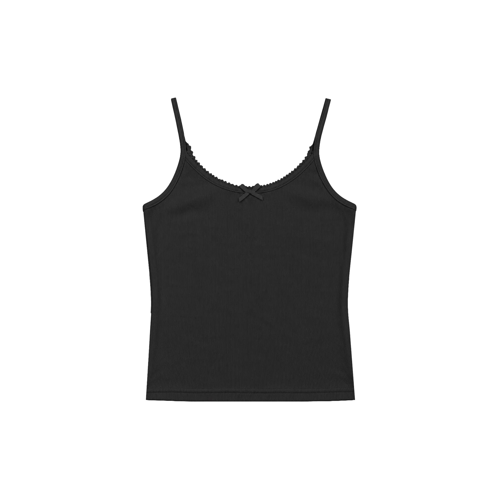 A black ribbed camisole tank top with thin shoulder straps, scalloped trim along the neckline, and a small black bow at the center, shown flat on a white background.