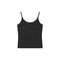 A black ribbed camisole tank top with thin shoulder straps, scalloped trim along the neckline, and a small black bow at the center, shown flat on a white background.