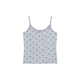 A light gray heather camisole tank top with a small blue floral pattern, displayed flat against a solid white background.