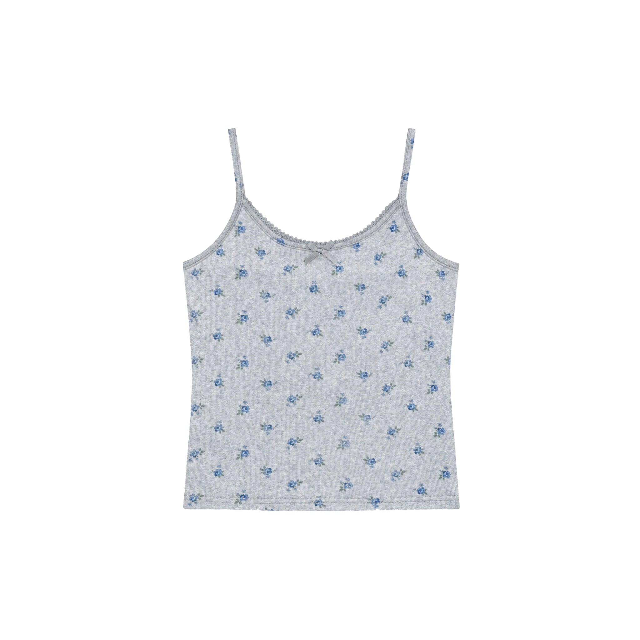A light gray heather camisole tank top with a small blue floral pattern, displayed flat against a solid white background.