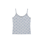 A light gray heather camisole tank top with a small blue floral pattern, displayed flat against a solid white background.