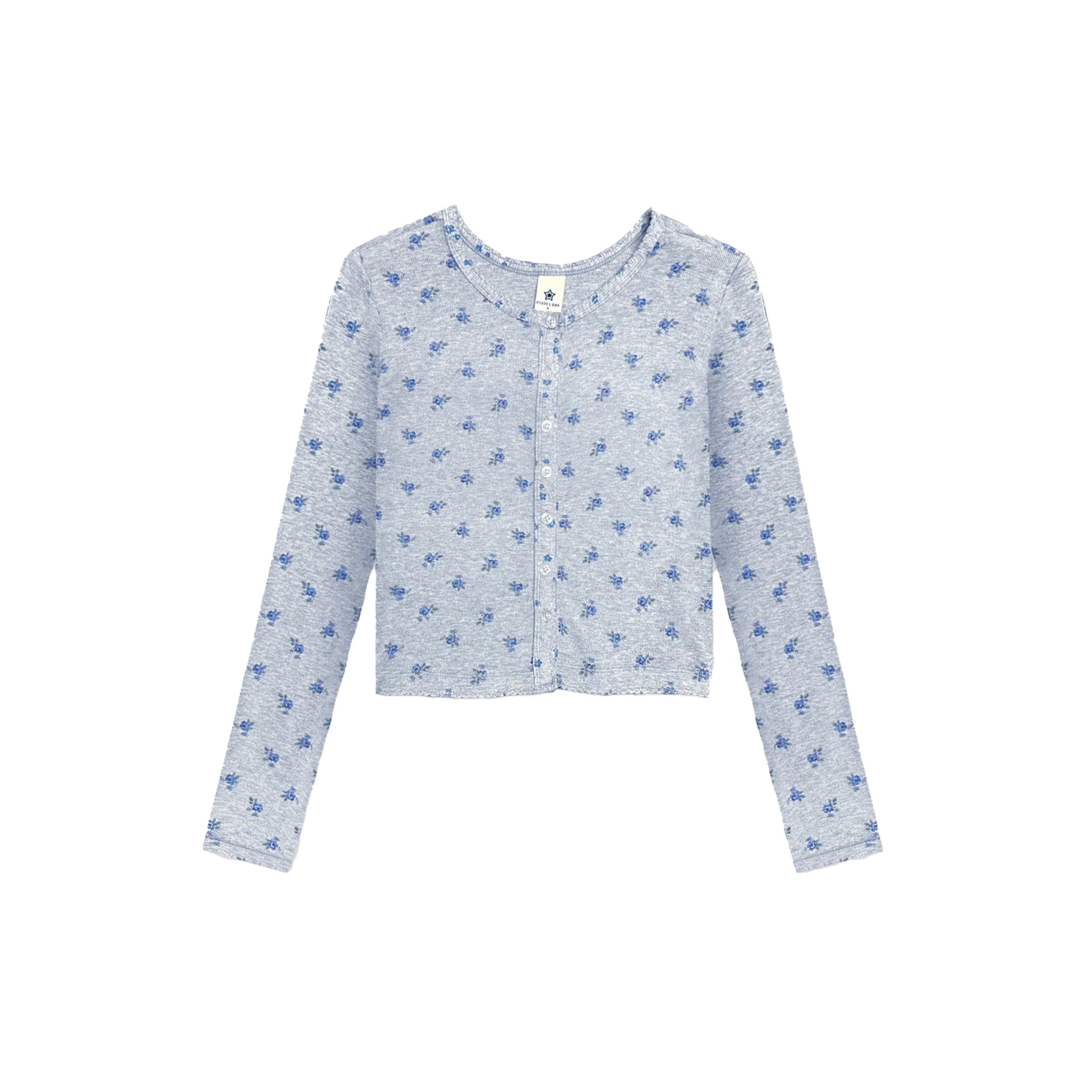 A light gray long-sleeve cardigan with a blue floral pattern, featuring a button-up front and a small white brand label at the collar.