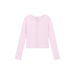 A light pink long-sleeve cropped cardigan with a button-up front, displayed flat against a solid white background.