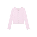 A light pink long-sleeve cropped cardigan with a button-up front, displayed flat against a solid white background.