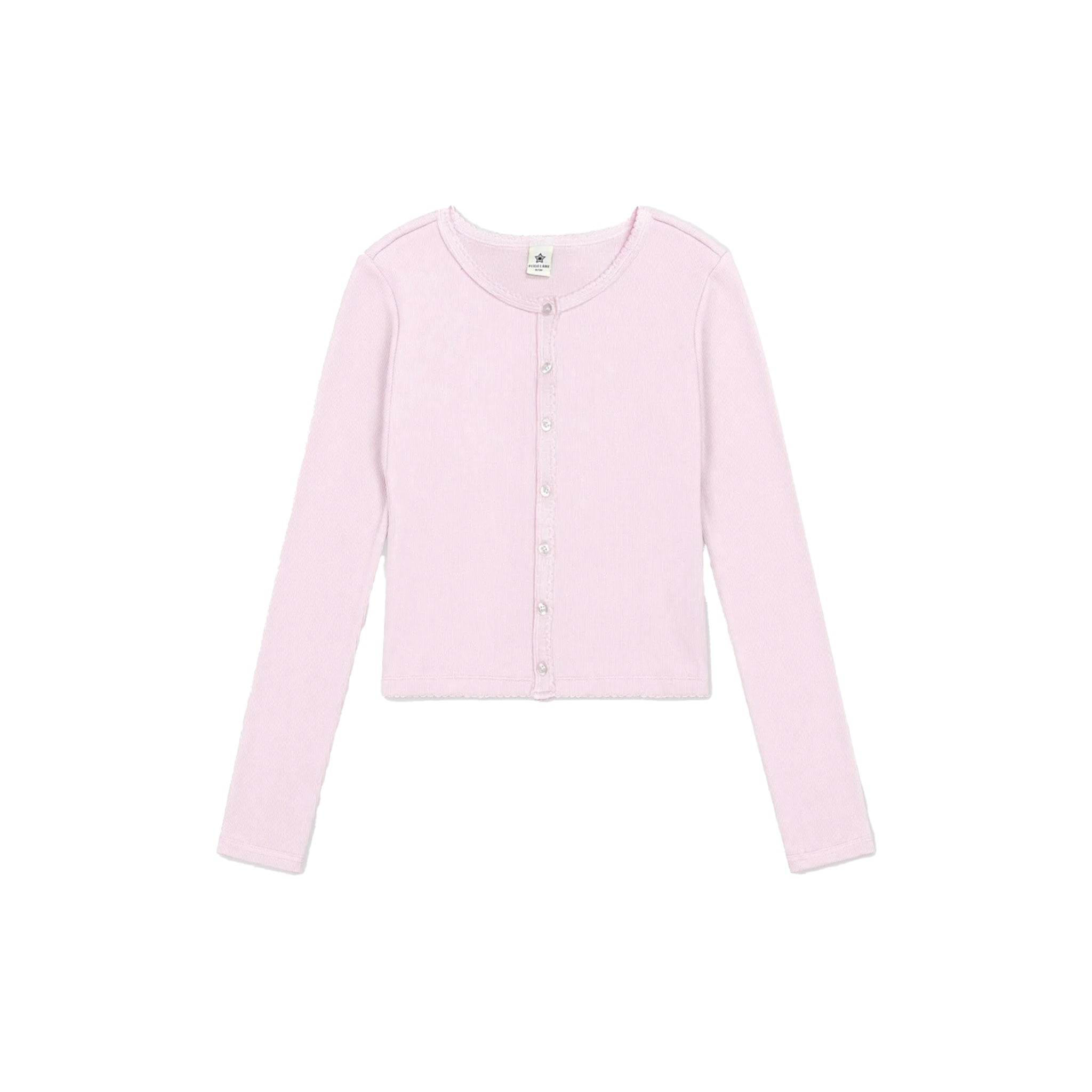 A light pink long-sleeve cropped cardigan with a button-up front, displayed flat against a solid white background.