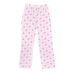 Light pink lounge pants with a small purple and pink floral print, featuring an elastic waistband and drawstring.