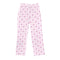 Light pink lounge pants with a small purple and pink floral print, featuring an elastic waistband and drawstring.
