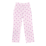 Light pink lounge pants with a small purple and pink floral print, featuring an elastic waistband and drawstring.