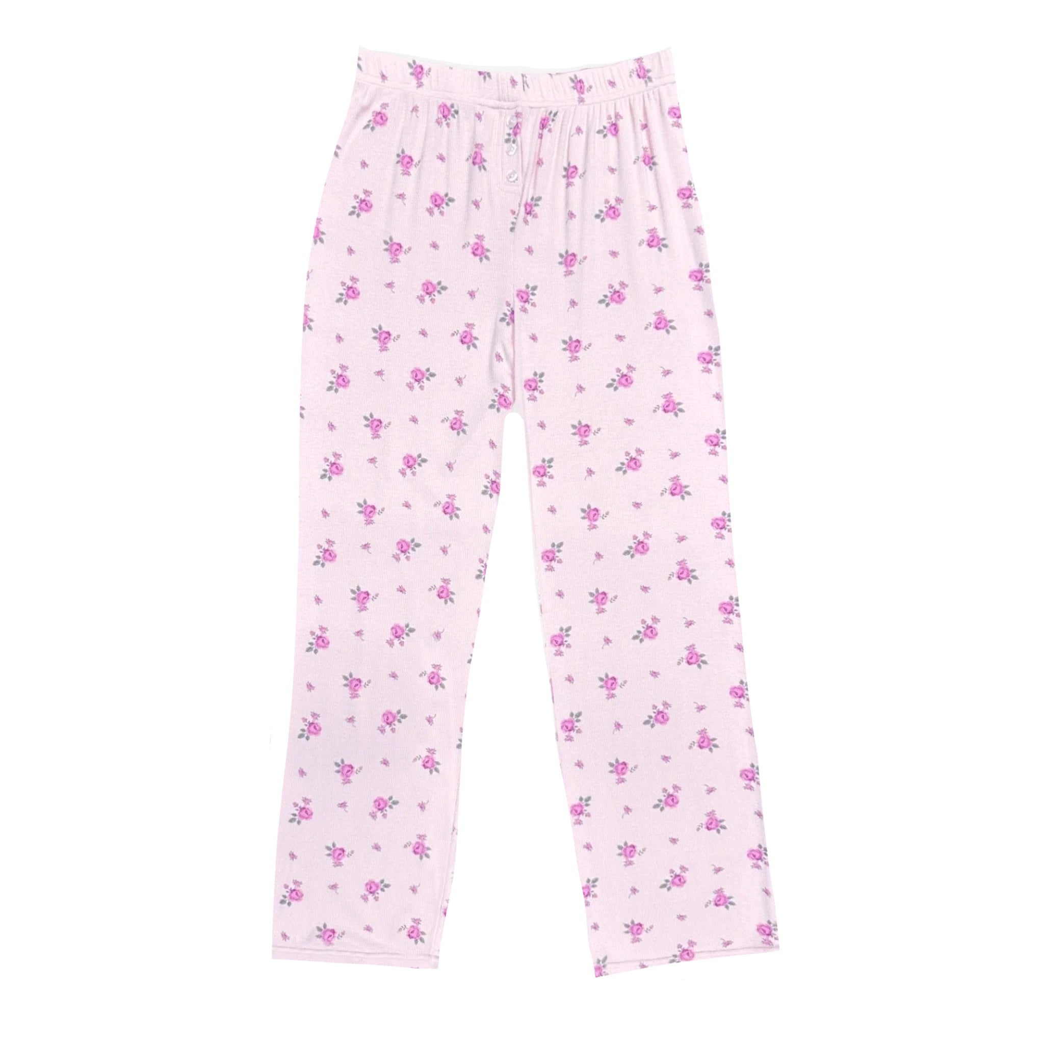Light pink lounge pants with a small purple and pink floral print, featuring an elastic waistband and drawstring.