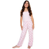 A young girl modeling a two-piece set consisting of a light pink tank top and matching light pink pants with a small pink floral pattern, set against a plain white background.