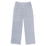 Light heather gray lounge pants with a blue floral pattern and an elastic waistband with three buttons, shown flat on a white background.