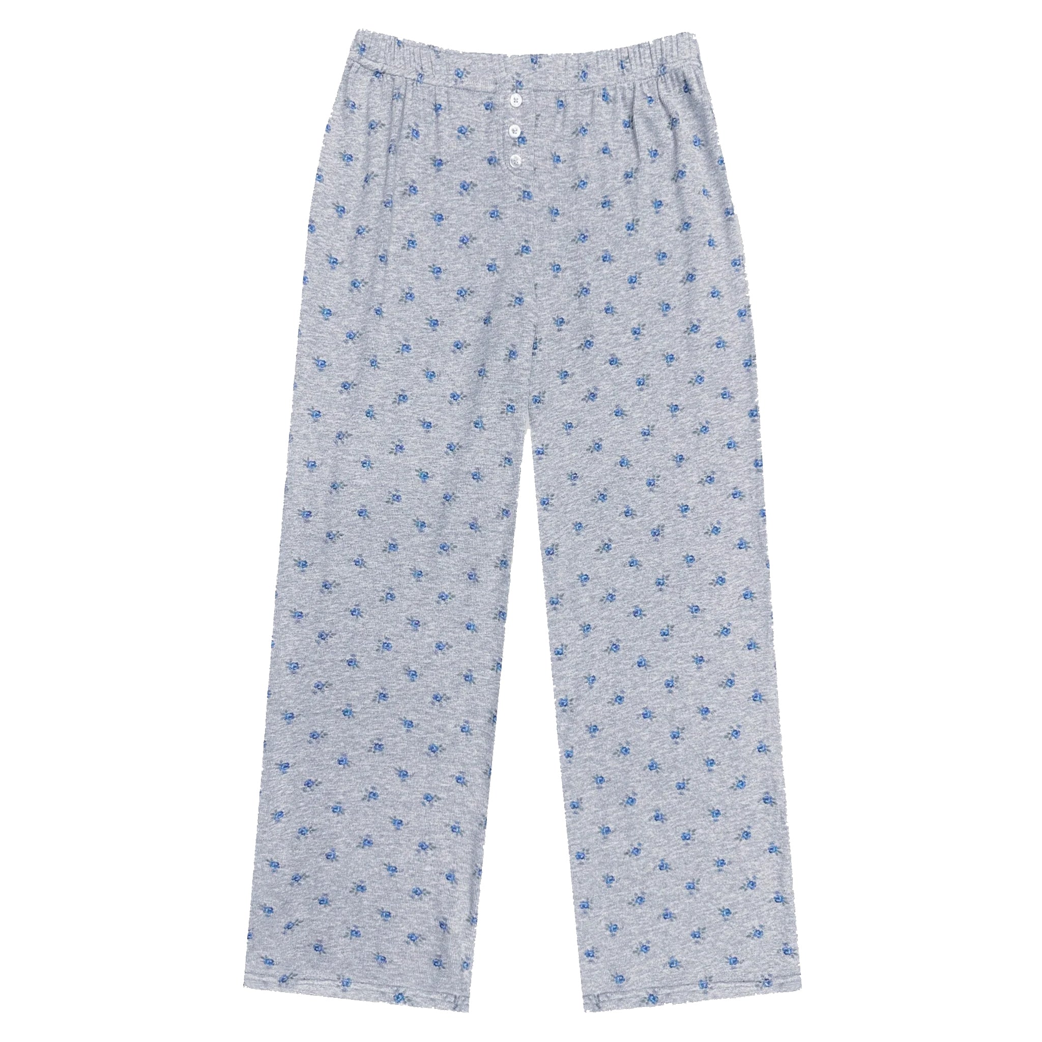 Light heather gray lounge pants with a blue floral pattern and an elastic waistband with three buttons, shown flat on a white background.
