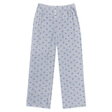 Light heather gray lounge pants with a blue floral pattern and an elastic waistband with three buttons, shown flat on a white background.