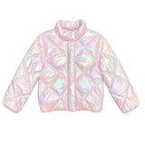 A children's puffer jacket with an iridescent, holographic finish in pastel pink, lavender, and blue tones, featuring diamond quilting and a stand-up collar.
