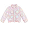 A children's puffer jacket with an iridescent, holographic finish in pastel pink, lavender, and blue tones, featuring diamond quilting and a stand-up collar.