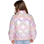 A child model shown from the back wearing a shiny quilted puffer jacket with an iridescent pastel finish, photographed against a plain white background.