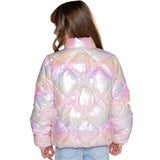 A child model shown from the back wearing a shiny quilted puffer jacket with an iridescent pastel finish, photographed against a plain white background.