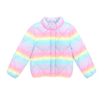 A pastel rainbow striped quilted puffer jacket with a stand-up collar, laid flat on a white background.