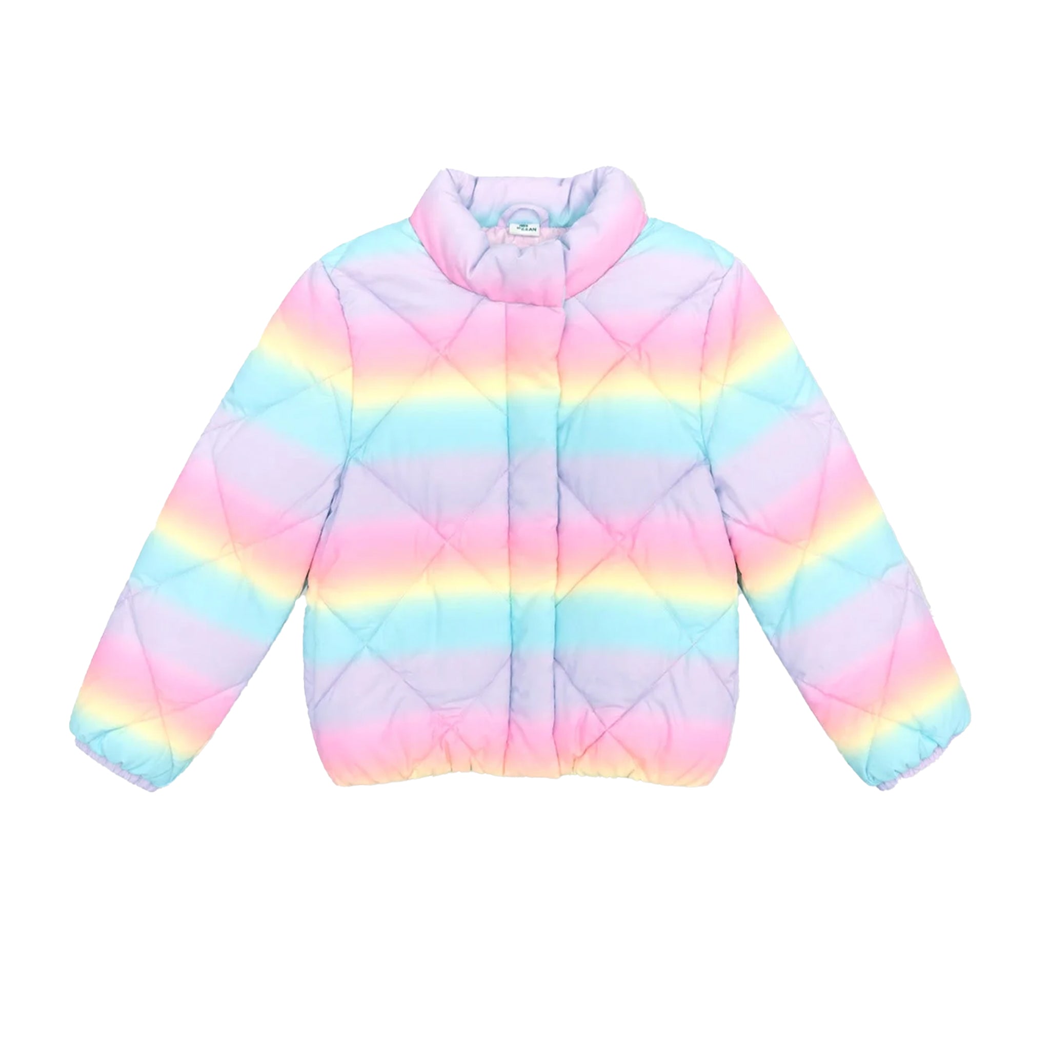 A pastel rainbow striped quilted puffer jacket with a stand-up collar, laid flat on a white background.