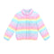 A pastel rainbow striped quilted puffer jacket with a stand-up collar, laid flat on a white background.